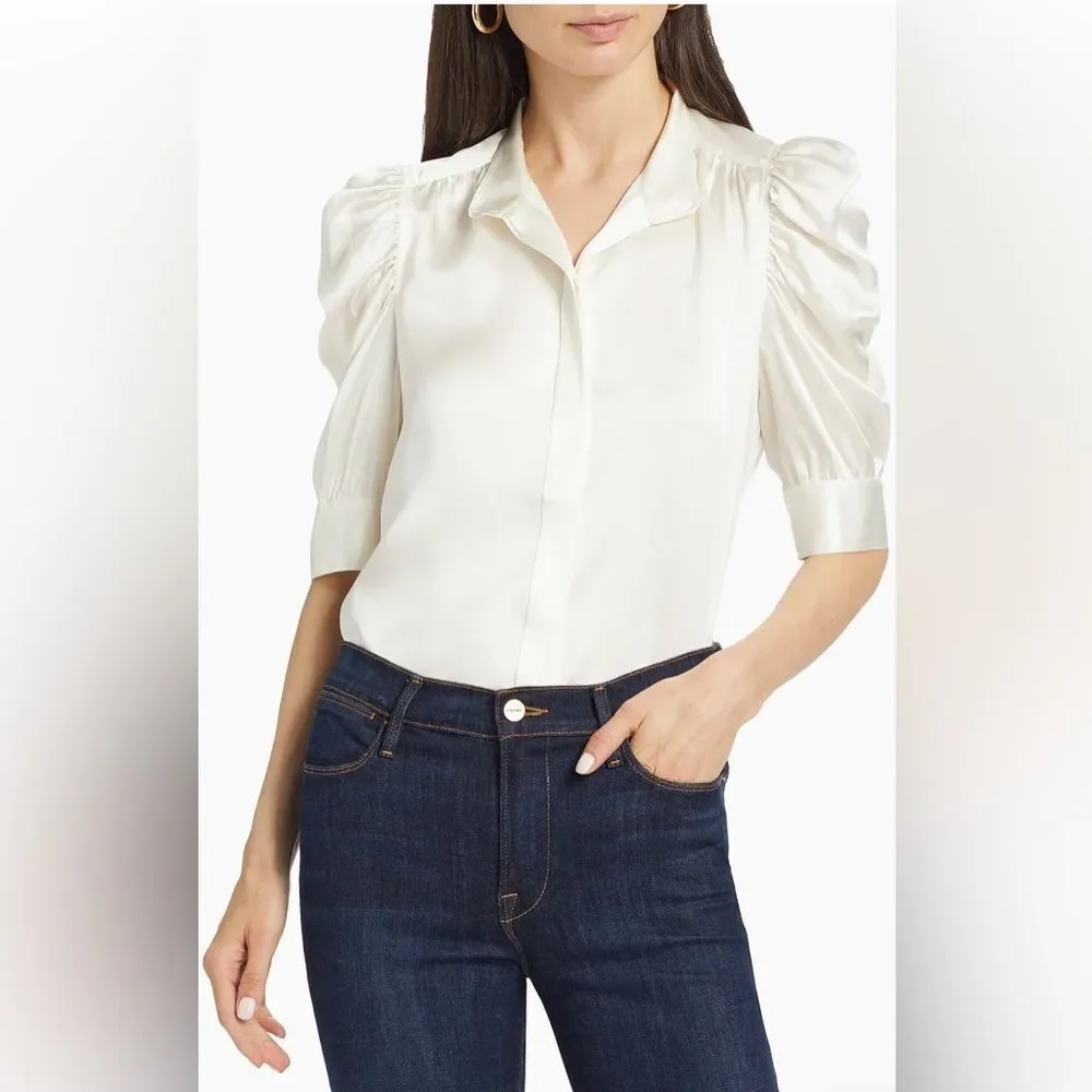 FRAME Gilian 100% Silk Puff-sleeve Top In white size small